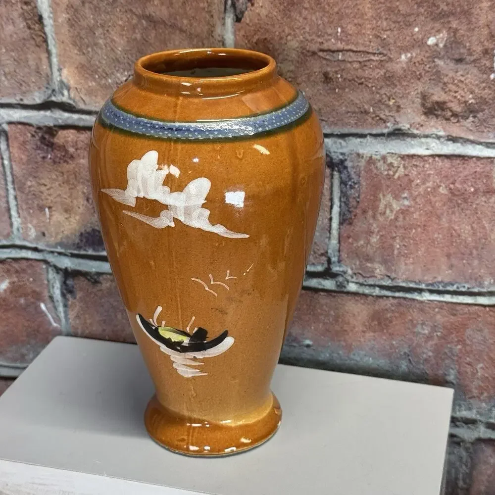 Vintage Japan Style 7'' Vase Hand-painted Bamboo &‎ Boat Scene Asian Decor